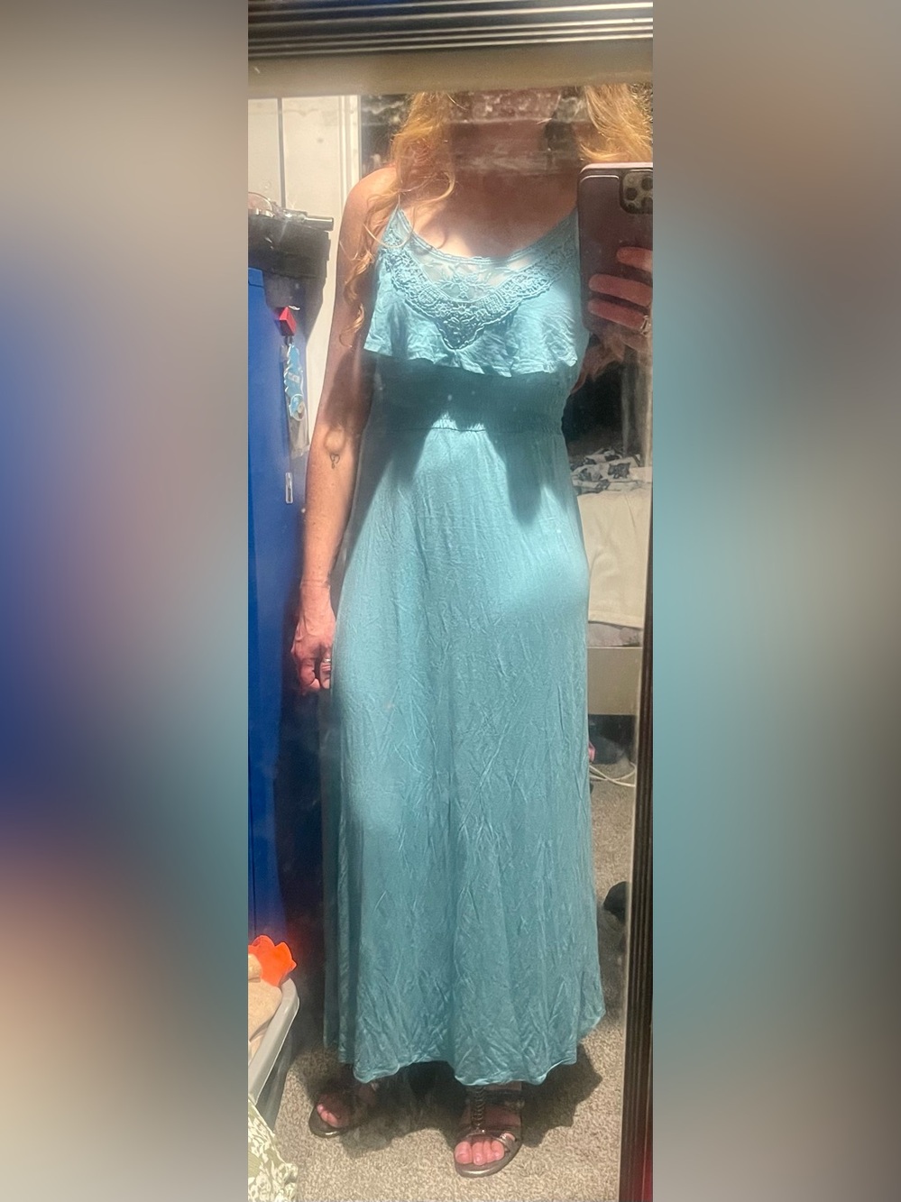 Miss Chievous Light Blue Maxi Dress with Rounded Ruffle & Lace Neckline size M - Picture 3 of 5